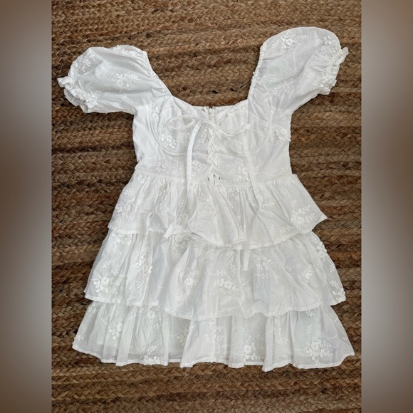 Altar'd State Dresses & Skirts - Altar’d State Medium White Miona Tiered Puff Sleeve Corset Waist Mini Dress